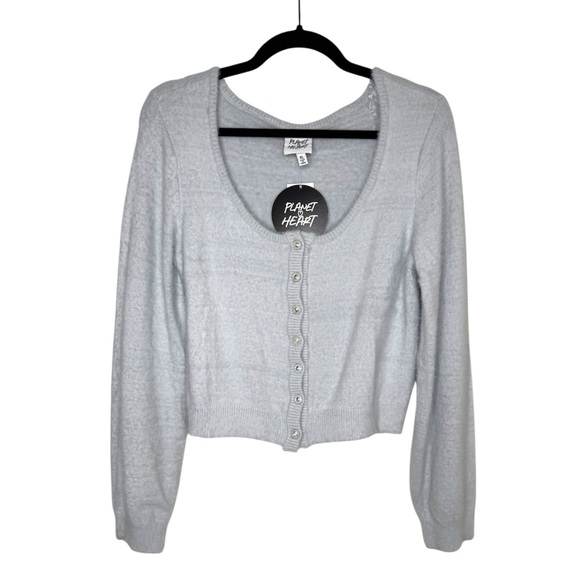 Planet Heart fuzzy pastel blue crop sweater cardigan Soft girl K romantic Dainty - Picture 2 of 7